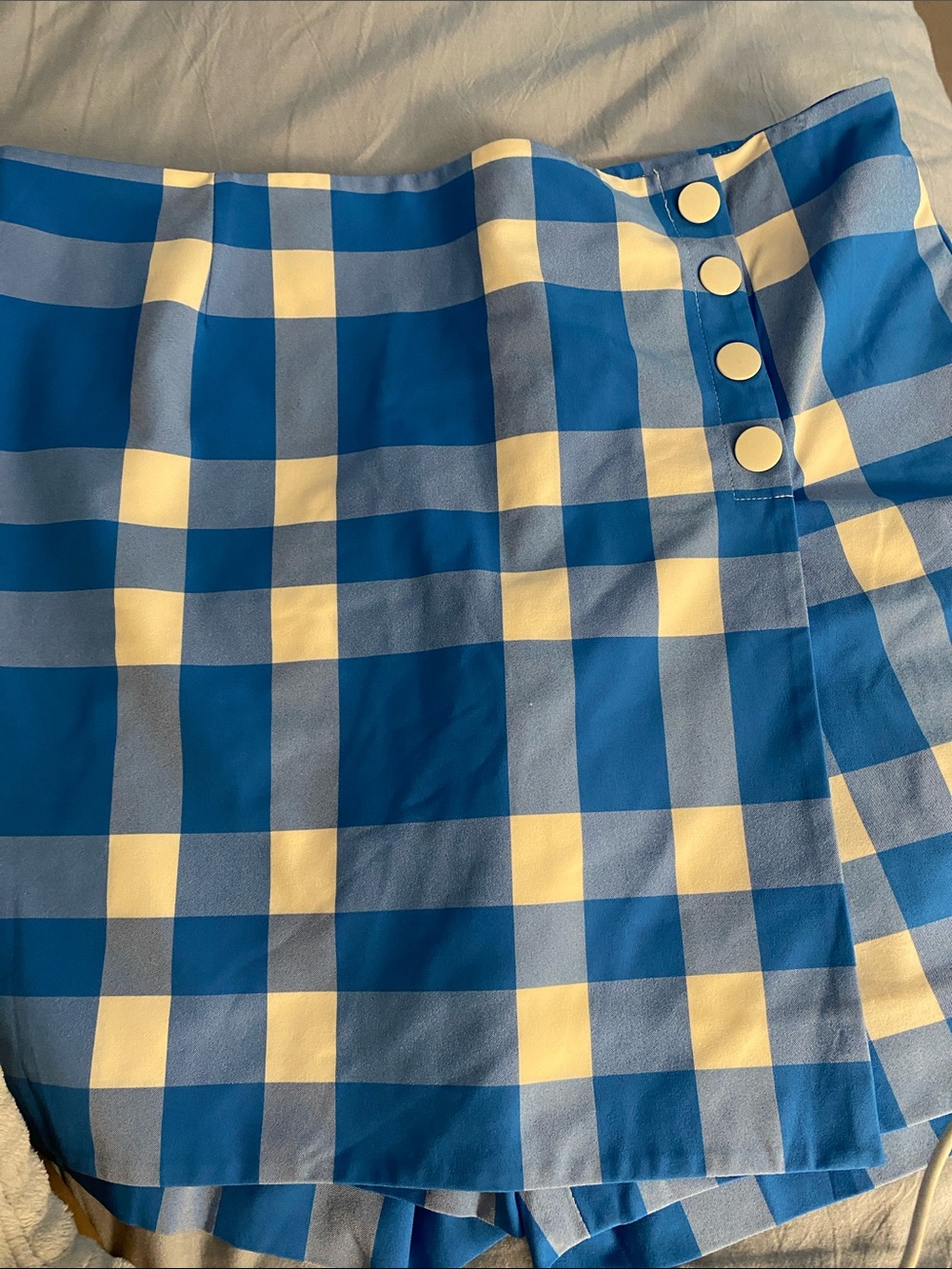 Tory Burch Blue and Cream Gingham Mini Skirt with Side Buttons